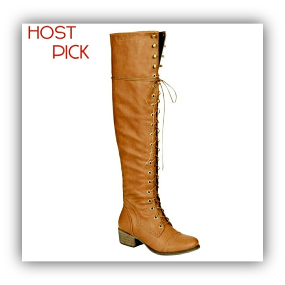 KNEE HIGH TAN LACE UP BOOTS - Picture 2 of 4